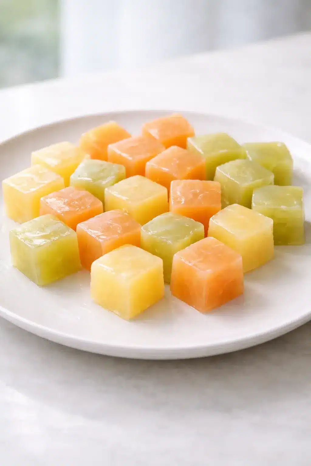 bariatric gelatin trick recipe Bariatric gelatin cubes cut into small portions on a plate.