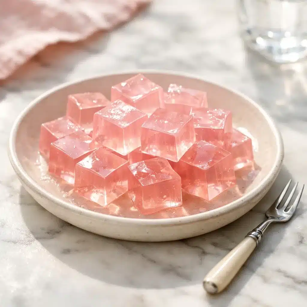 gelatin trick recipe Cut gelatin cubes in a shallow dish ready to serve on a marble countertop