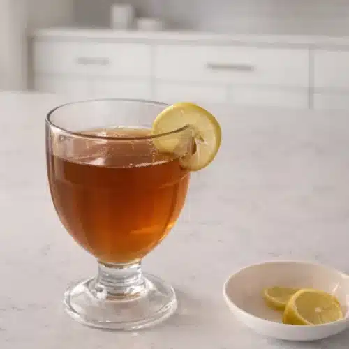 Gelatin Trick Recipe: Drink or Cubes, Timing, Evidence 1 gelatin trick recipe A warm gelatin trick drink in a glass with lemon slices and a spoon on a wooden table