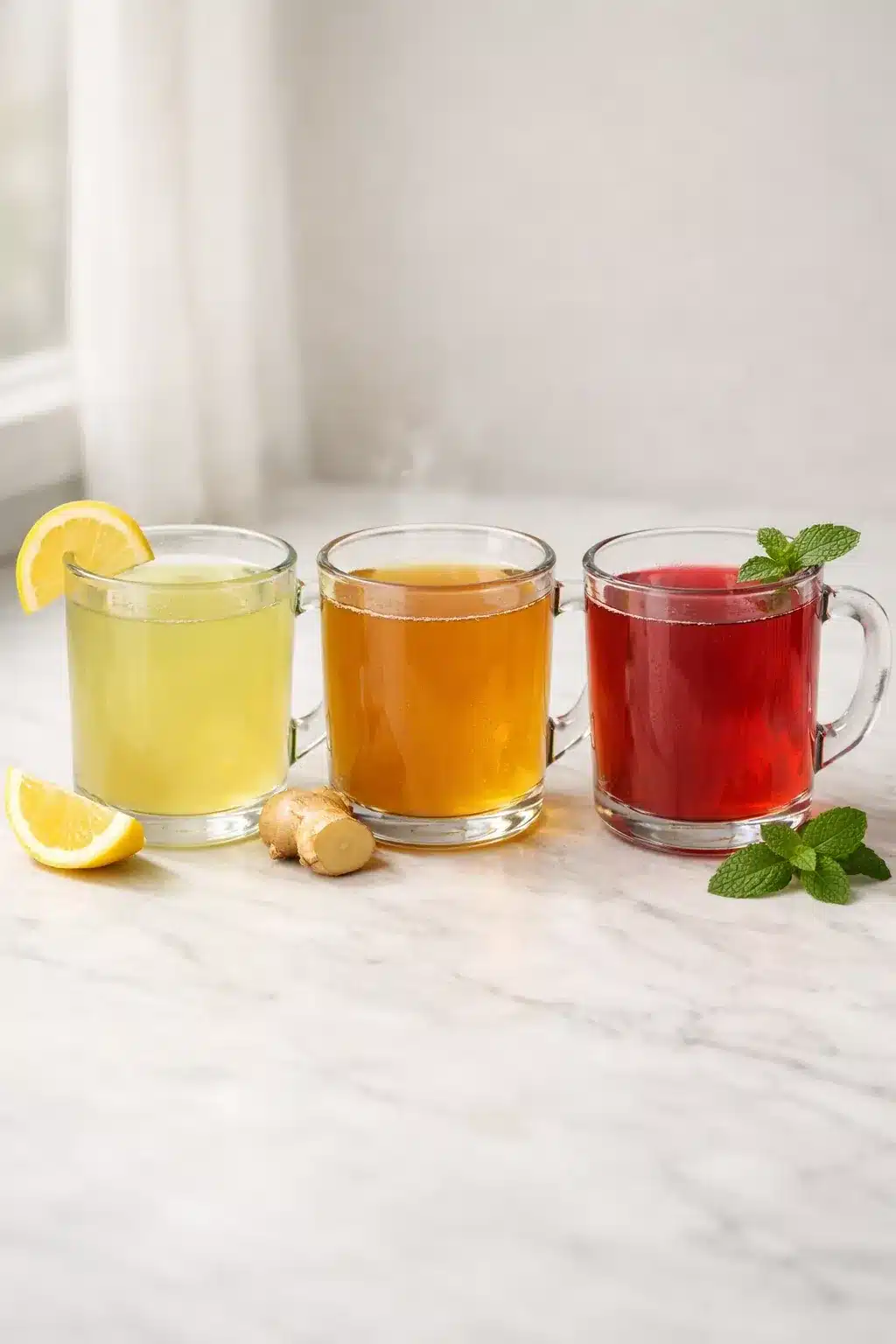 Three tea variations for gelatin trick recipe tea: green, ginger, hibiscus