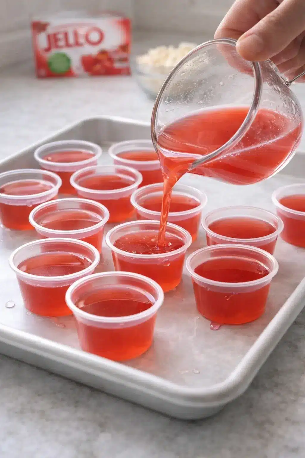 Portioning high protein gelatin cups into soufflé cups