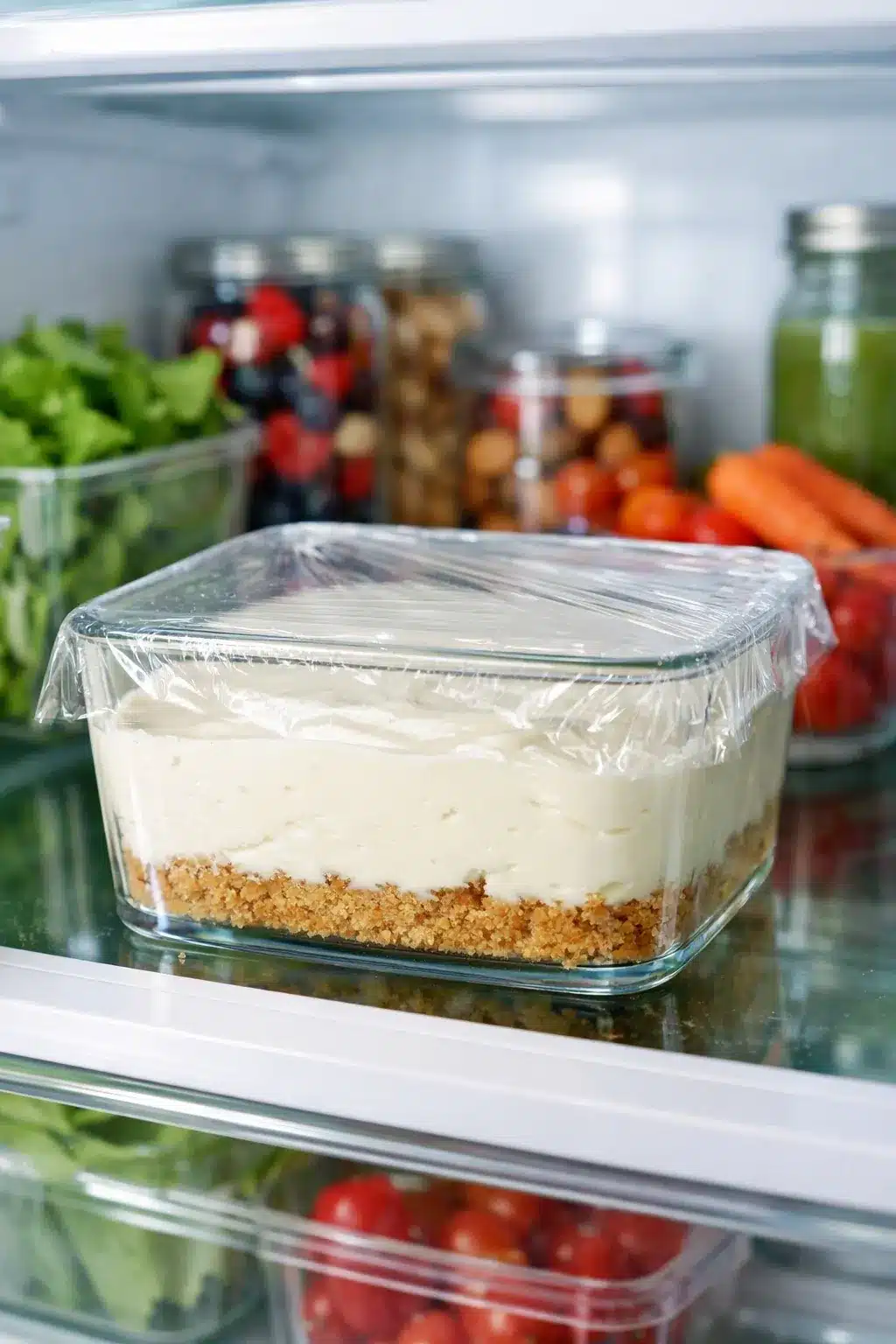 High protein yogurt cheesecake chilling in a container in the refrigerator