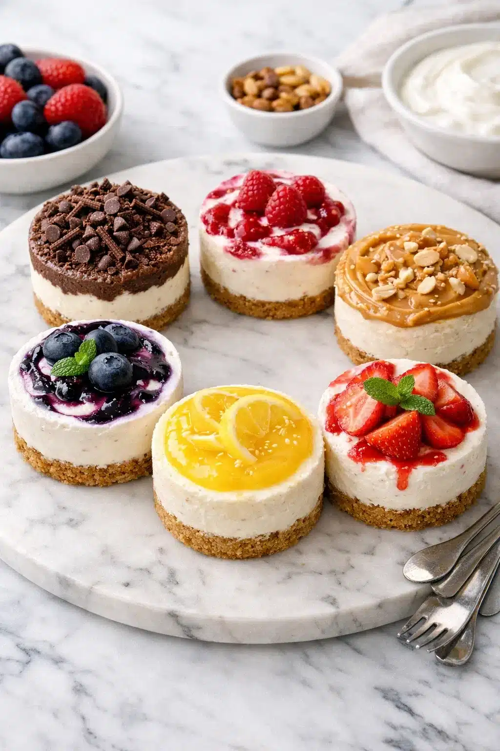 Flavor variations for high protein yogurt cheesecake with toppings