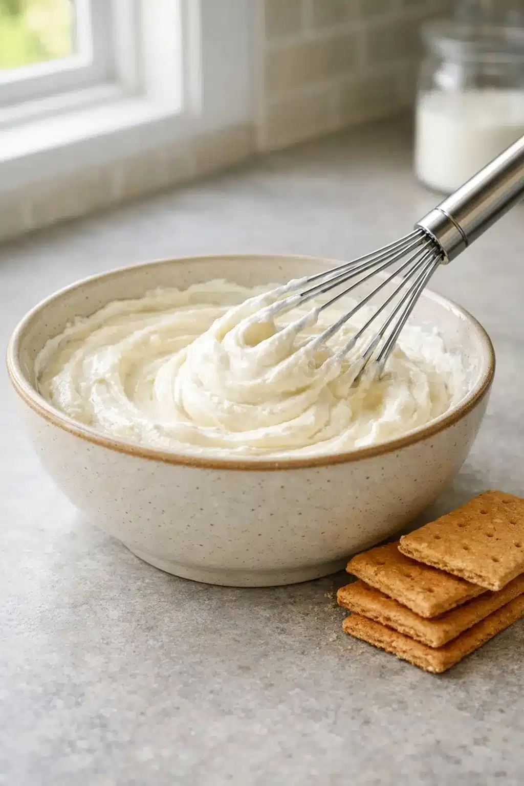 Step-by-step preparation of high protein yogurt cheesecake in a bowl