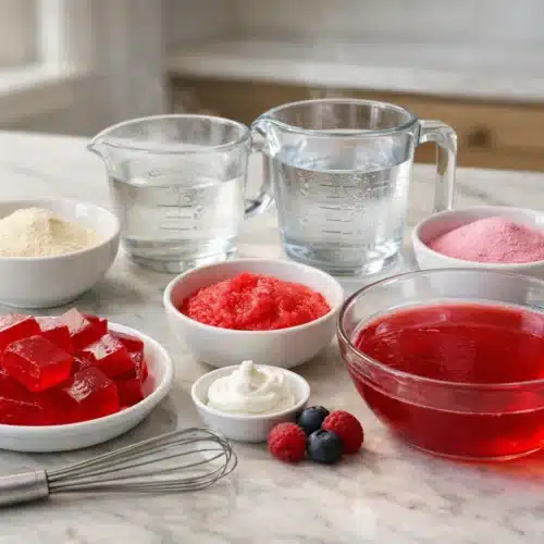 Jello Trick Recipe (Keto, 3 Ingredients) + Protein Option 2 Jello trick recipe ingredients with finished sugar-free jello cups and cubes.