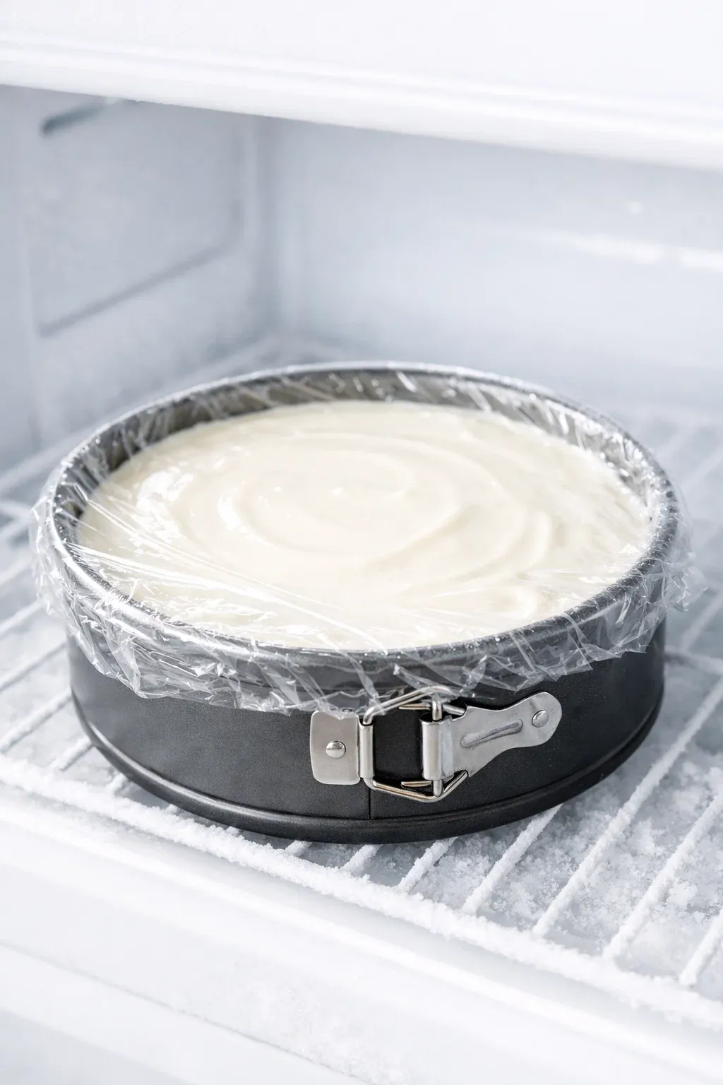 Vegan Japanese yogurt cheesecake setting in the freezer.