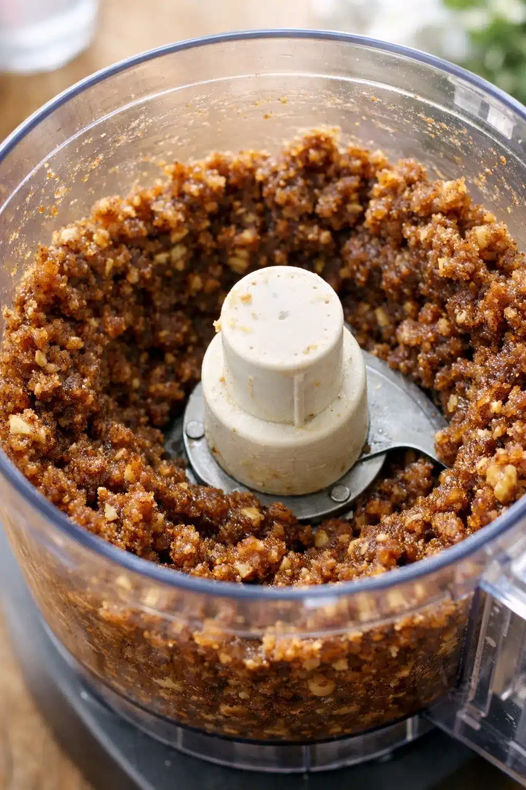 Preparing the crust for vegan Japanese yogurt cheesecake in a food processor.