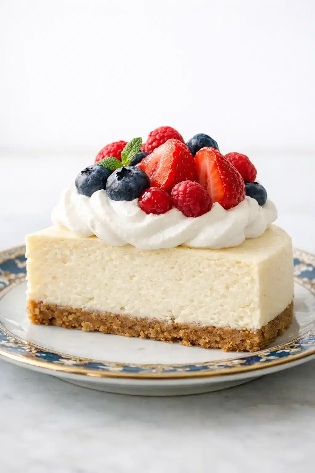 Vegan Japanese yogurt cheesecake topped with coconut whipped cream and berries.
