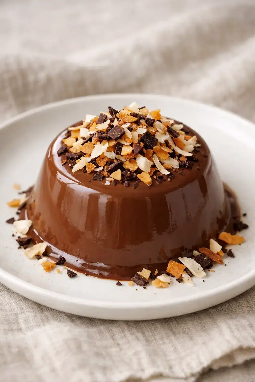 Chocolate coconut panna cotta garnished with chocolate and coconut