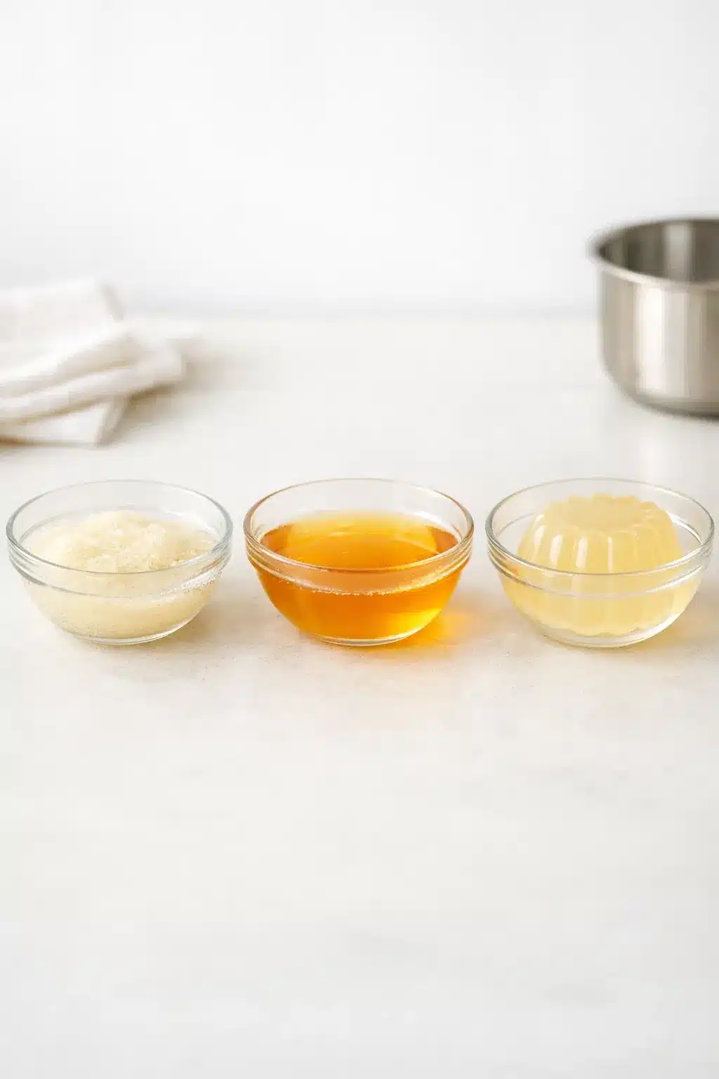 What Is Gelatin? A Cook's Guide to Types, Use, and Ratios 4 what is gelatin Steps of the gelatin setting process with bowls of ingredients