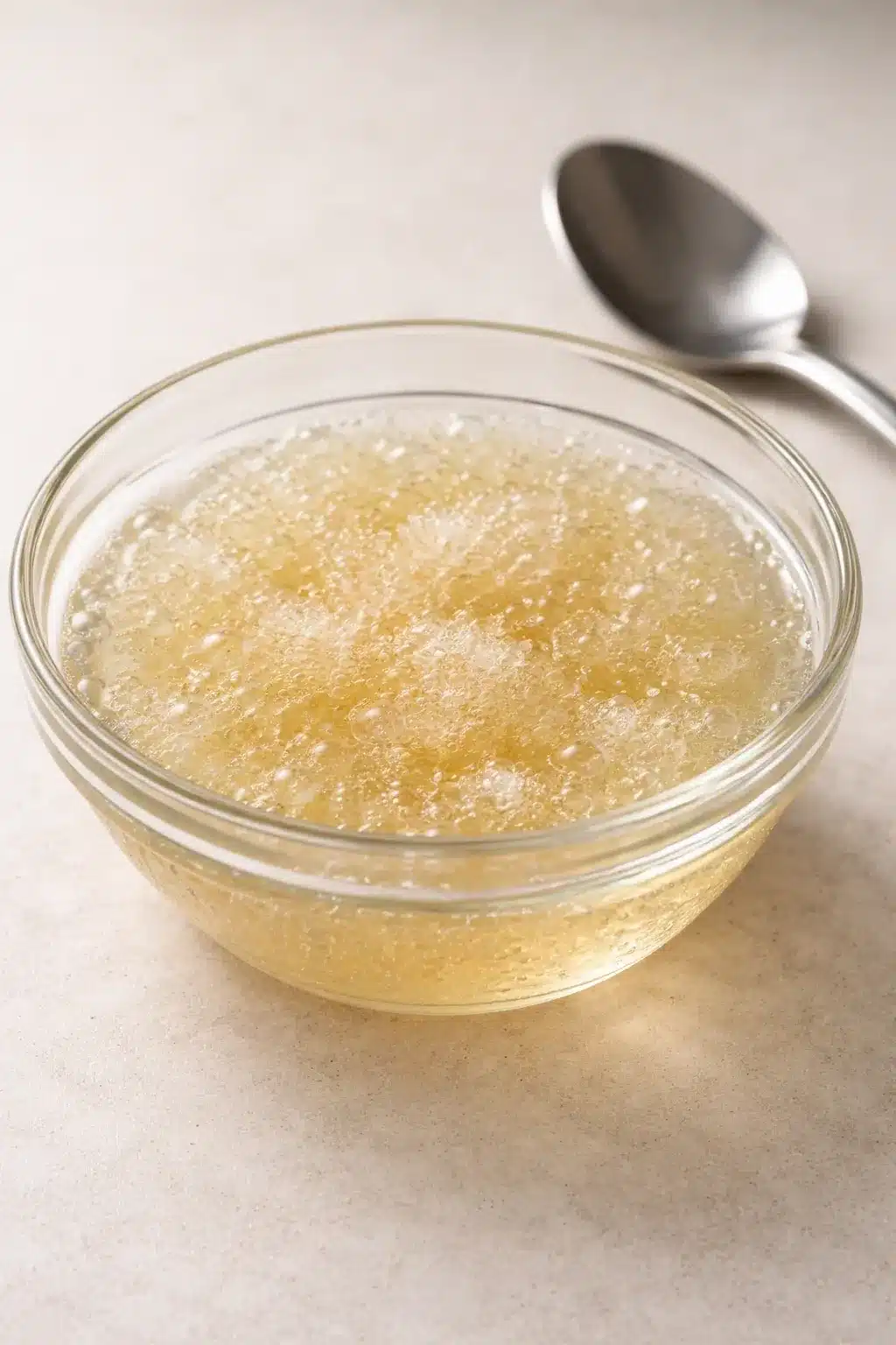 Gelatin Trick Recipe: Drink or Cubes, Timing, Evidence 2 gelatin trick recipe Blooming gelatin powder in a bowl with water and a spoon