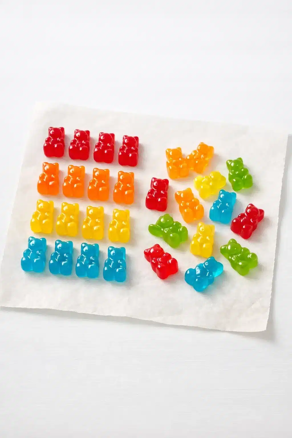 Unmolded homemade gummy bears on parchment paper