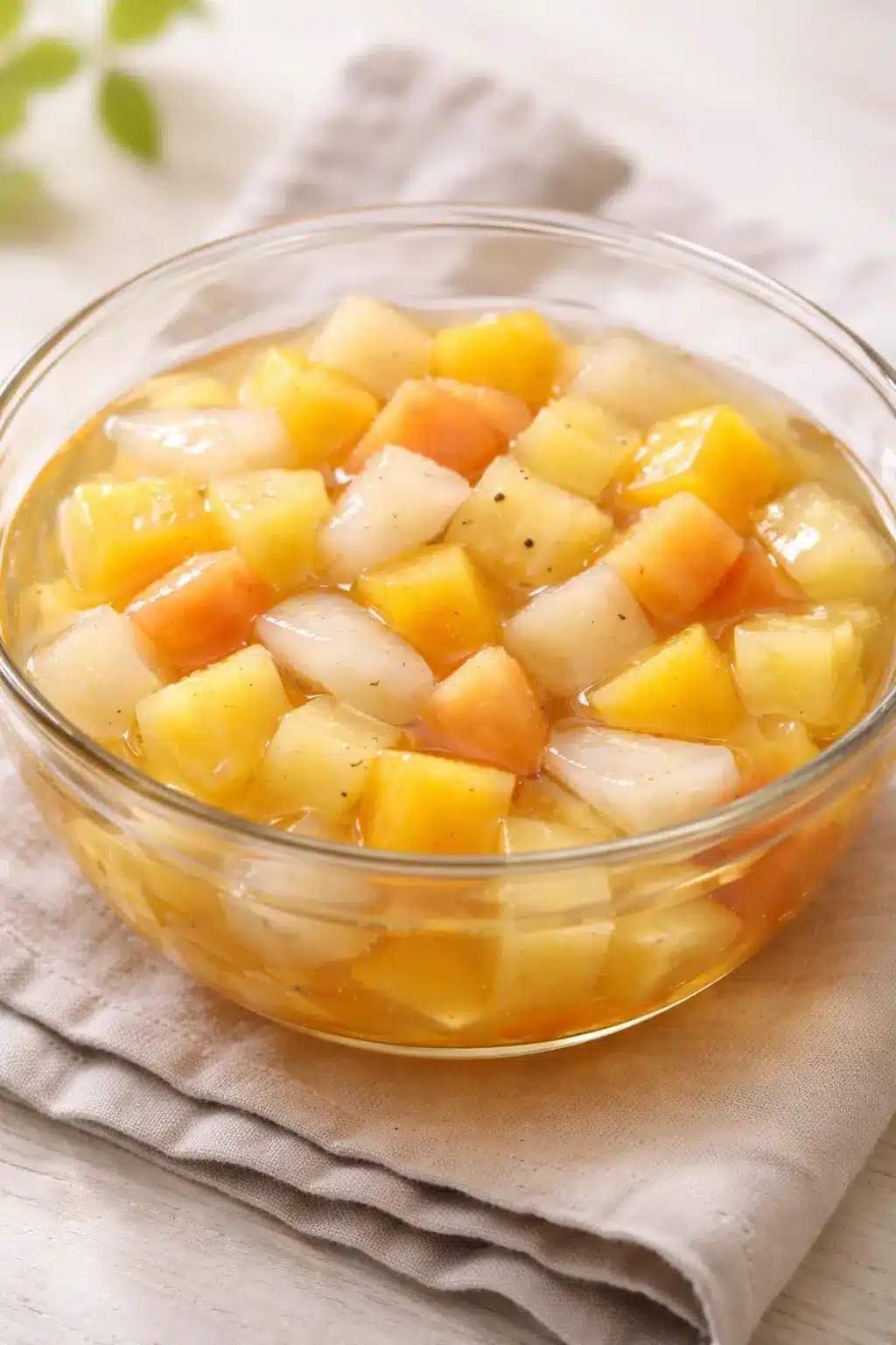 fruit cocktail gelatin cups Poached fruit cooling in vanilla syrup