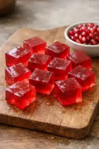 pomegranate gelatin yogurt parfaits Pomegranate gelatin cubes on a cutting board