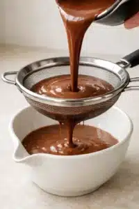 Straining chocolate coconut panna cotta mixture